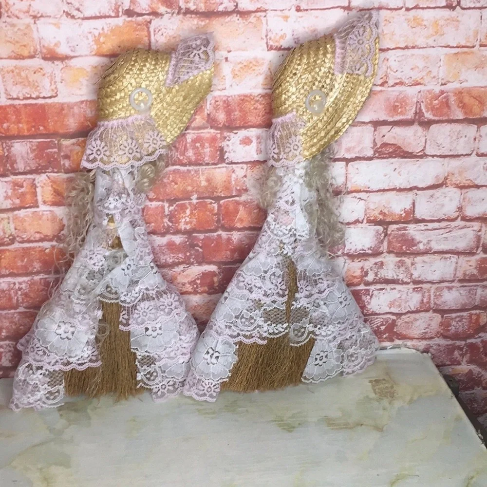 Vintage Handmade Lace Tiered Victorian Broomstick Doll Wall Hangings